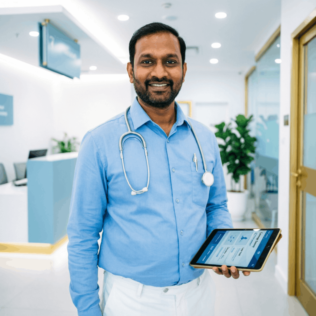 Friendly Indian doctor with stethoscope holding tablet in bright modern clinic representing best health insurance advisor services in Rajsamand Rajasthan